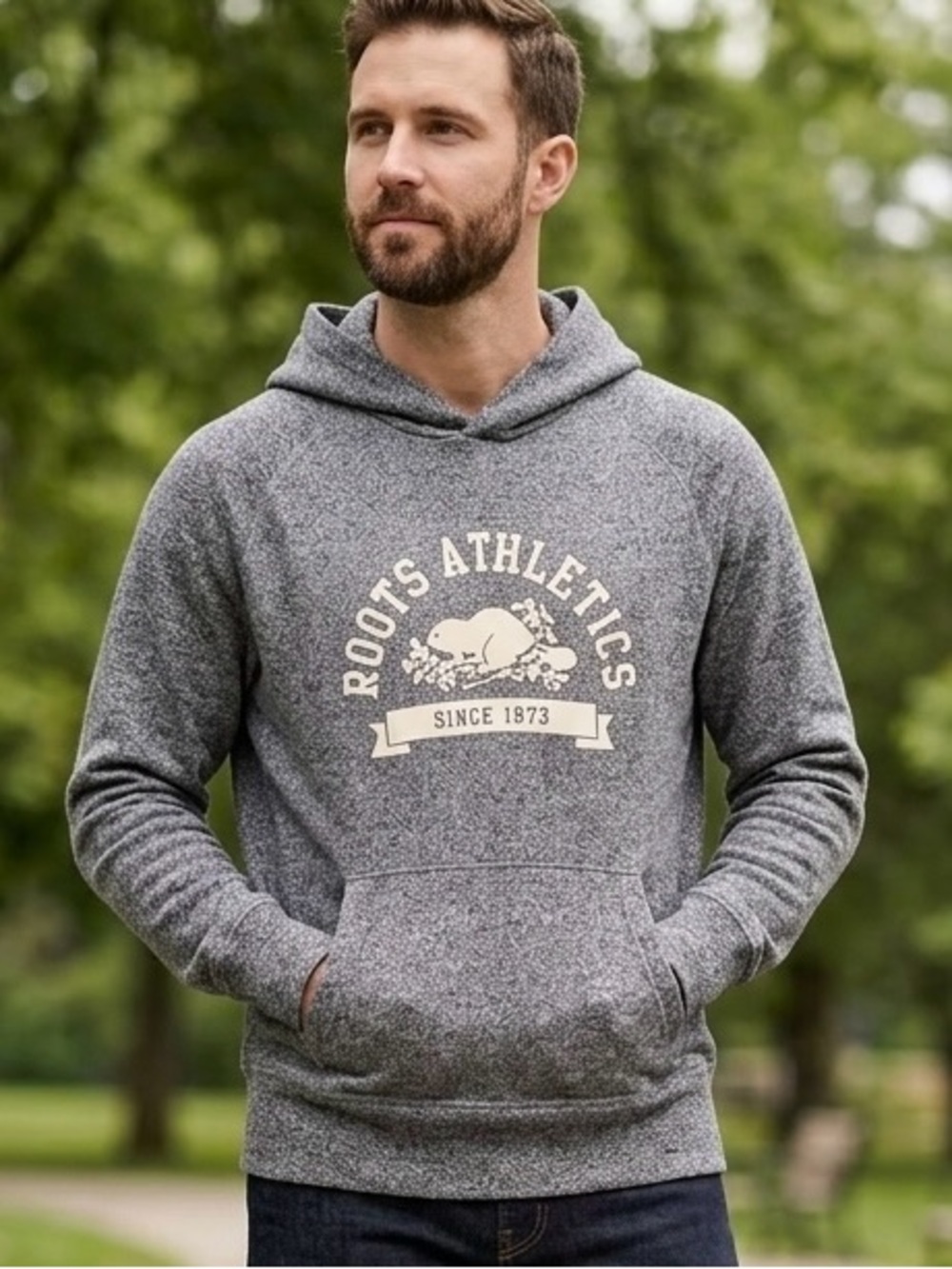 Men’s Roots Charcoal Gray Hoodie with Cream Athletics Logo XL comfort casual1396